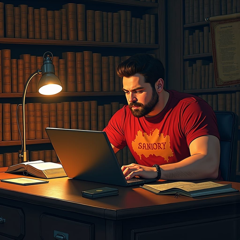 Man Researching on Laptop in Library, Concept Art