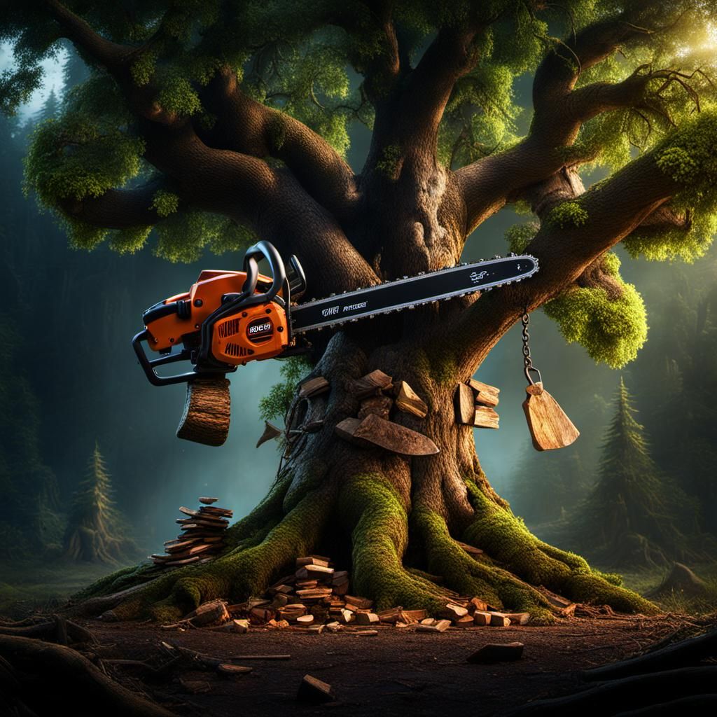 Tree with Chainsaw and Axe in Matte Painting