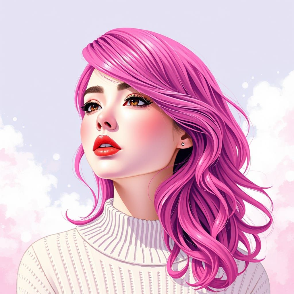 Woman with Pink Hair in Digital Watercolor Style