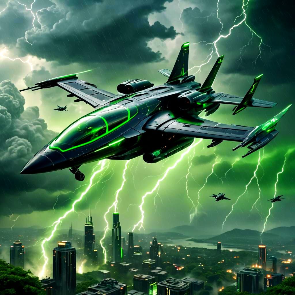 Futuristic VTOL Jet Flies Through Green Lightning Storm