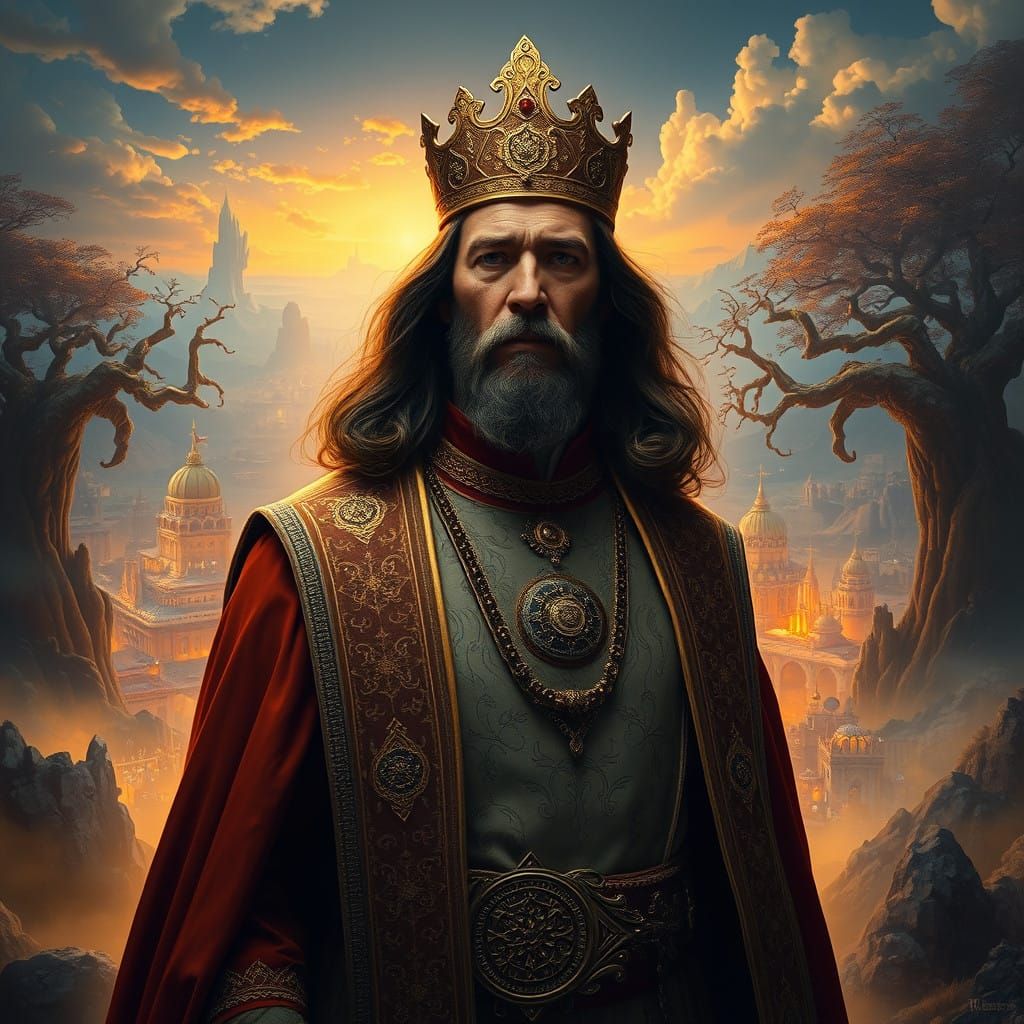 Regal Figure Embodies Wisdom in a Grand, Mystical Landscape