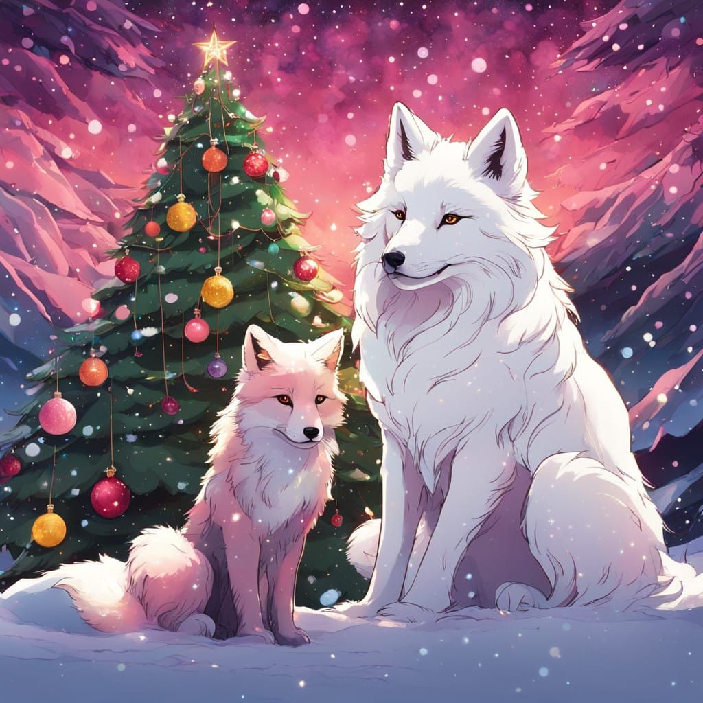 Majestic Fox and Puppy Under Snowy Christmas Tree in Anime S...