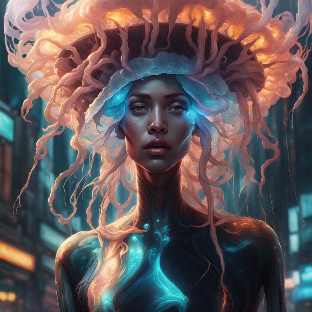 Person Transforms into Jellyfish: Art Nouveau Portrait