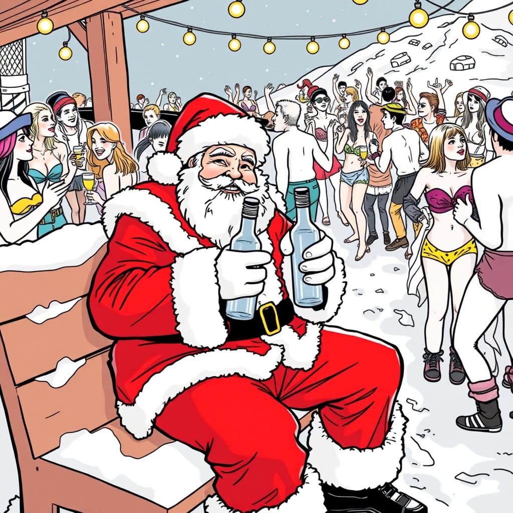 Santa's Après-Ski Party: Black and White Line Art