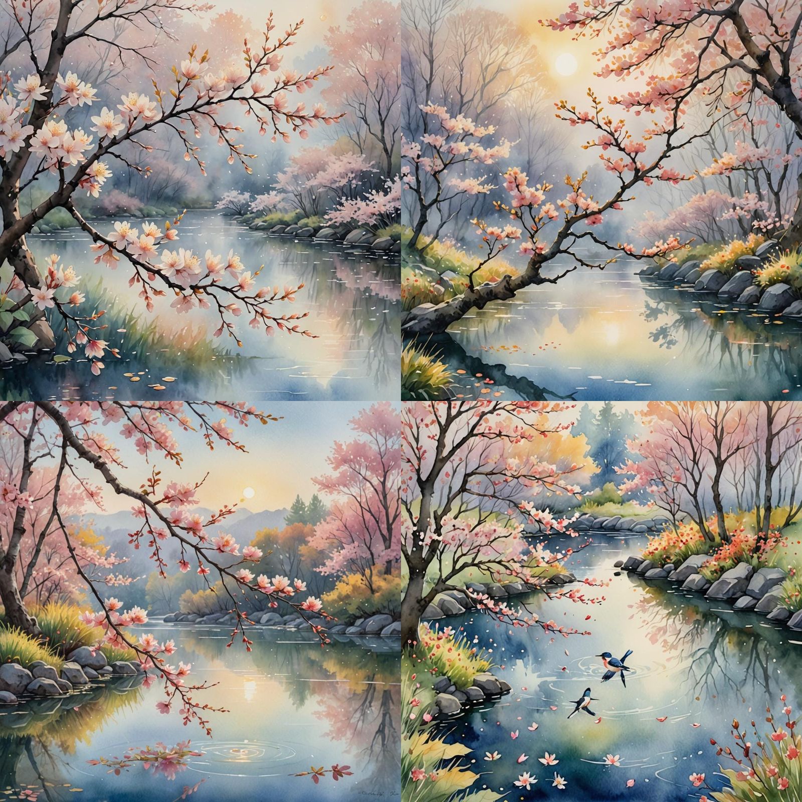 Cherry Blossom Close-Up in Watercolor Style