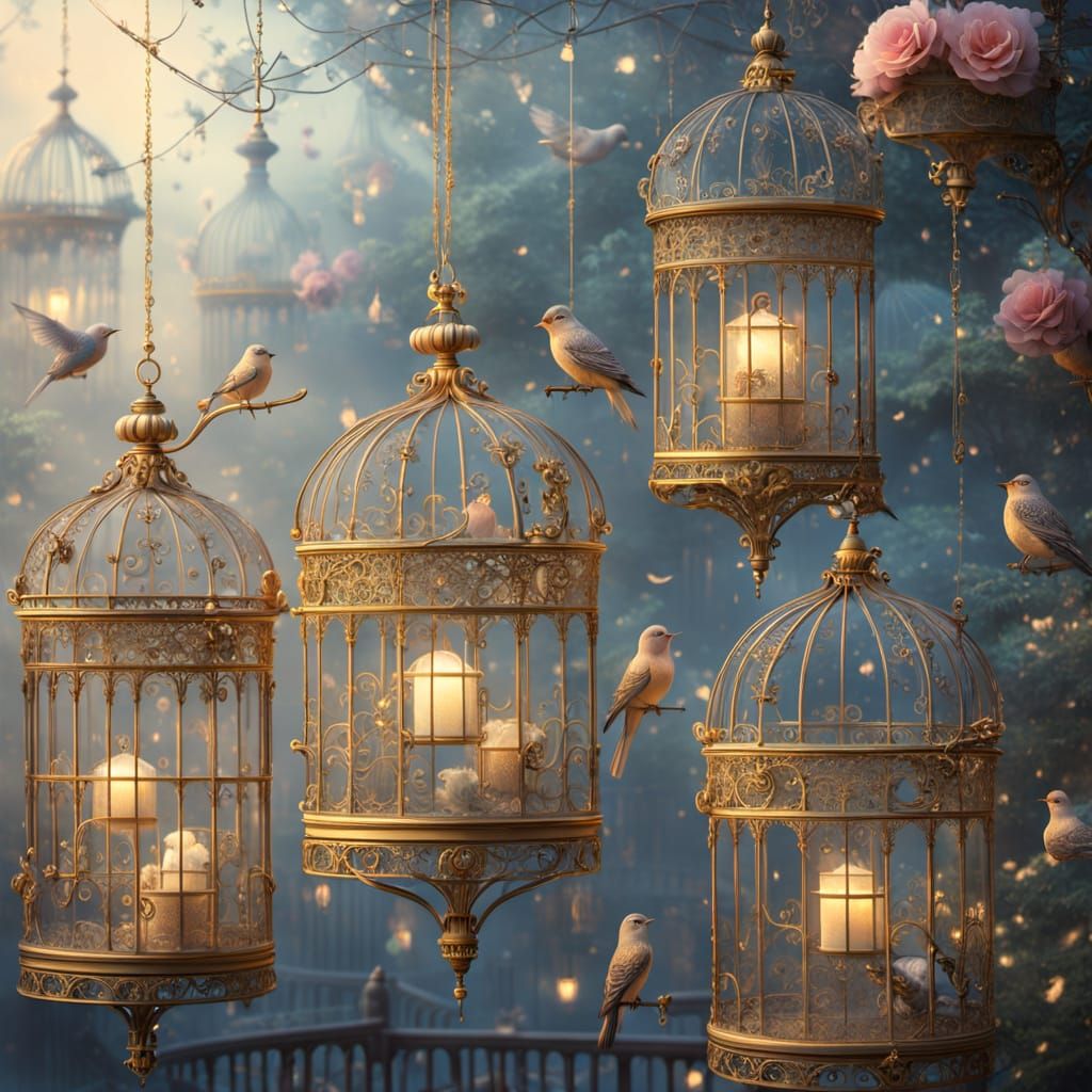 Ethereal Birdcages in Golden Hour Mist