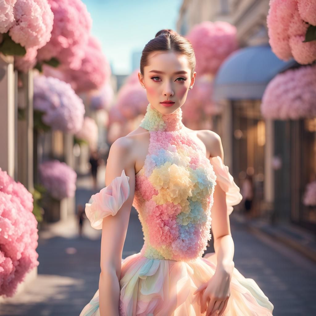 Elegant Woman in Pastel Dress at Flower Shop