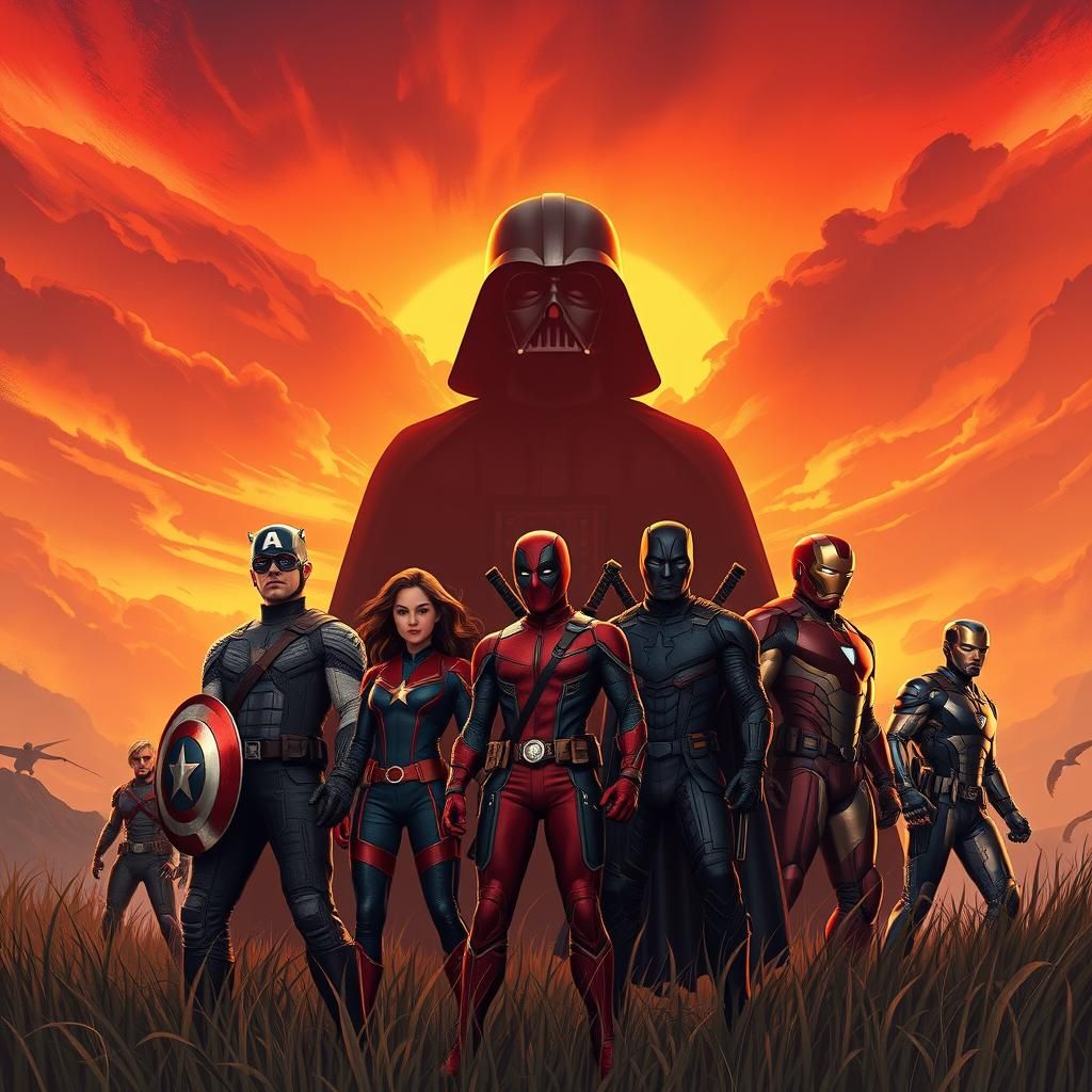 Avengers Assemble Before Darth Vader Statue in Cinematic Sty...