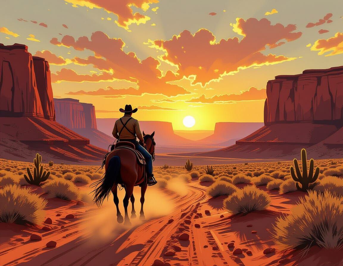 Lone Cowboy Riding Through Canyon Sunset