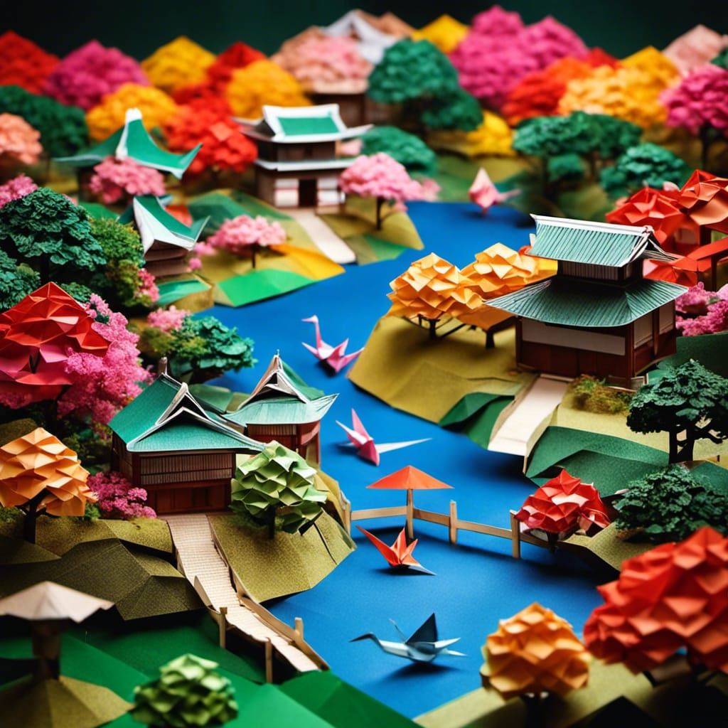 Origami Japanese Town with Origami Garden