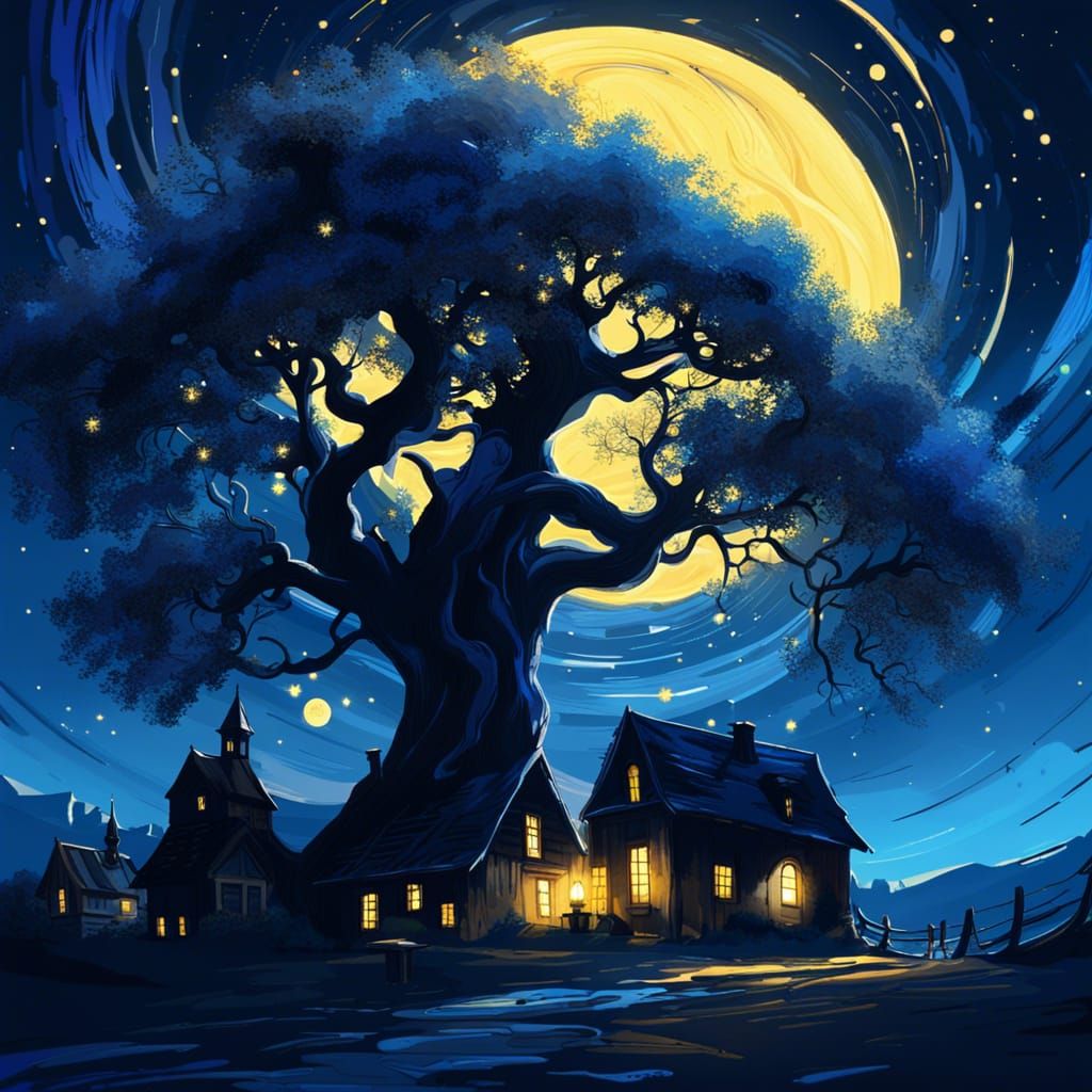 Starry Night Over Village: Dark Fantasy Concept Art