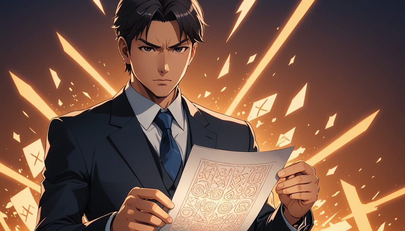 Cinematic Anime Businessman with Glowing Paper