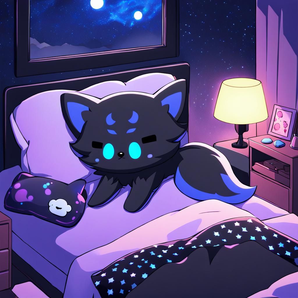 Anime Bioluminescent Black Wolf Plushie in Bedroom