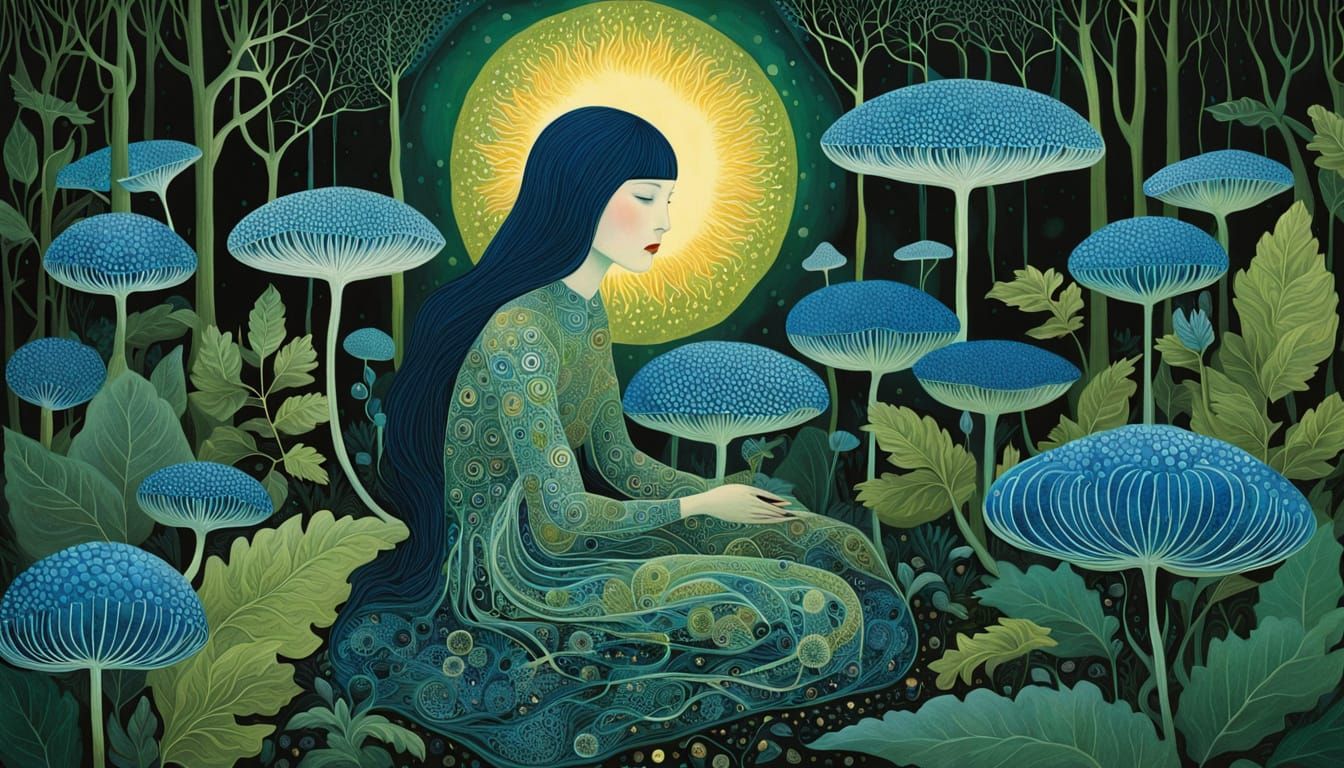 Surreal Scene of Embroidered Figure in Cosmic Dreamscape