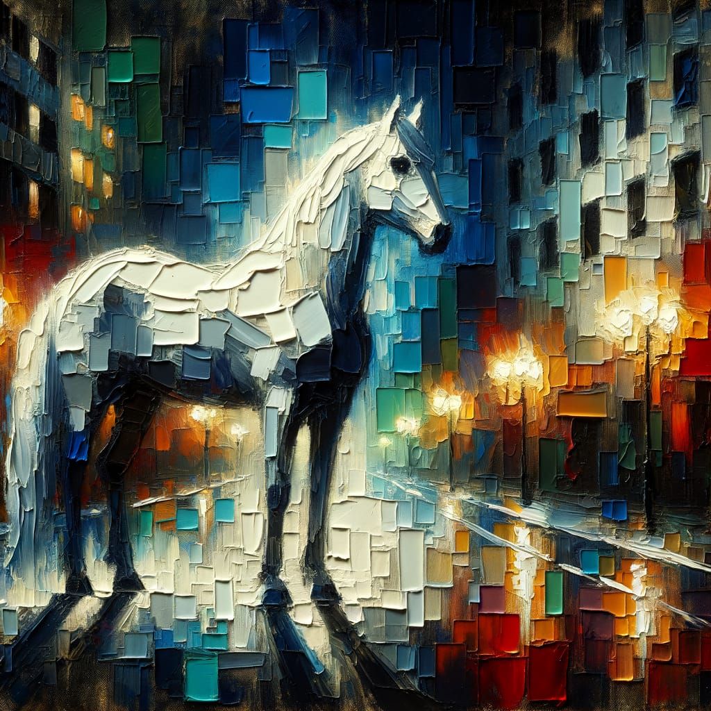Illuminated White Horse in Urban Expressionist Art