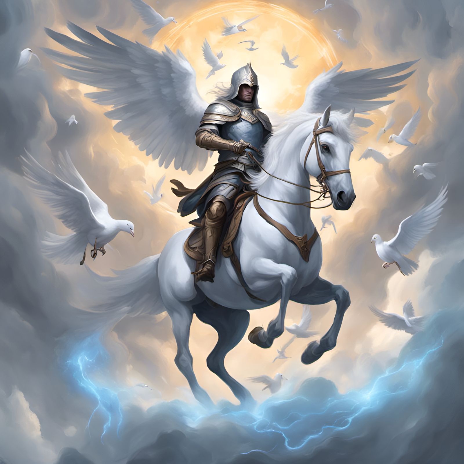 Knight Amidst Doves and Storm, Fantasy Art