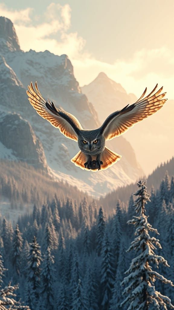 Majestic Owl Soars Through Snow-Capped Mountains in Stunning...
