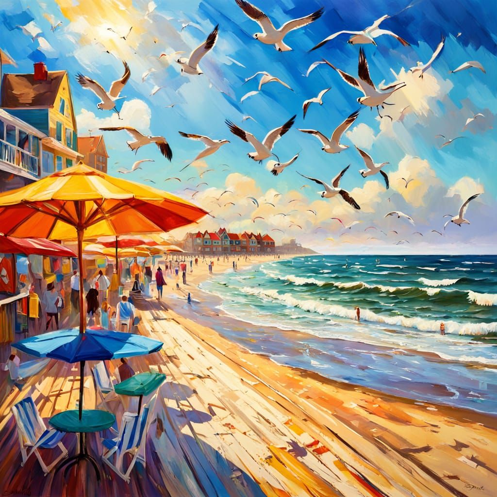 Impressionistic Boardwalk Scene with Ocean View