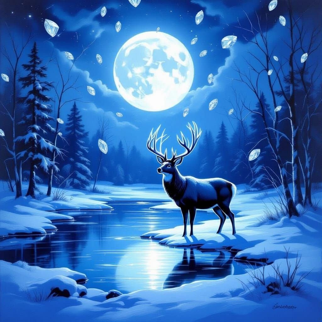 Majestic Deer in Moonlight Oil Painting