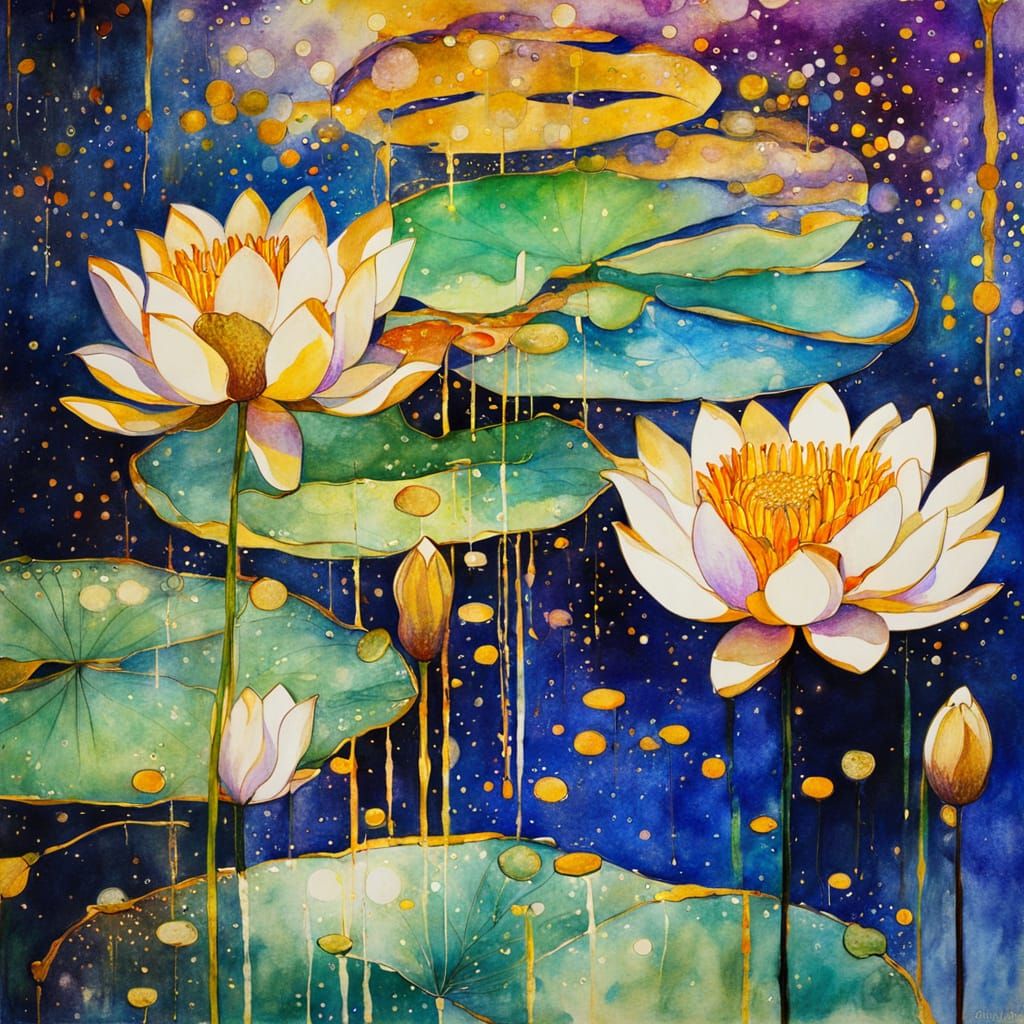 Vibrant Lotus Water Lily in Golden Dripping Ink