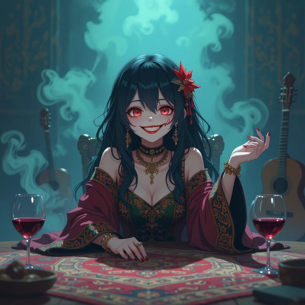 Anime Girl with Joker Grin in Dreamlike Arabic Setting