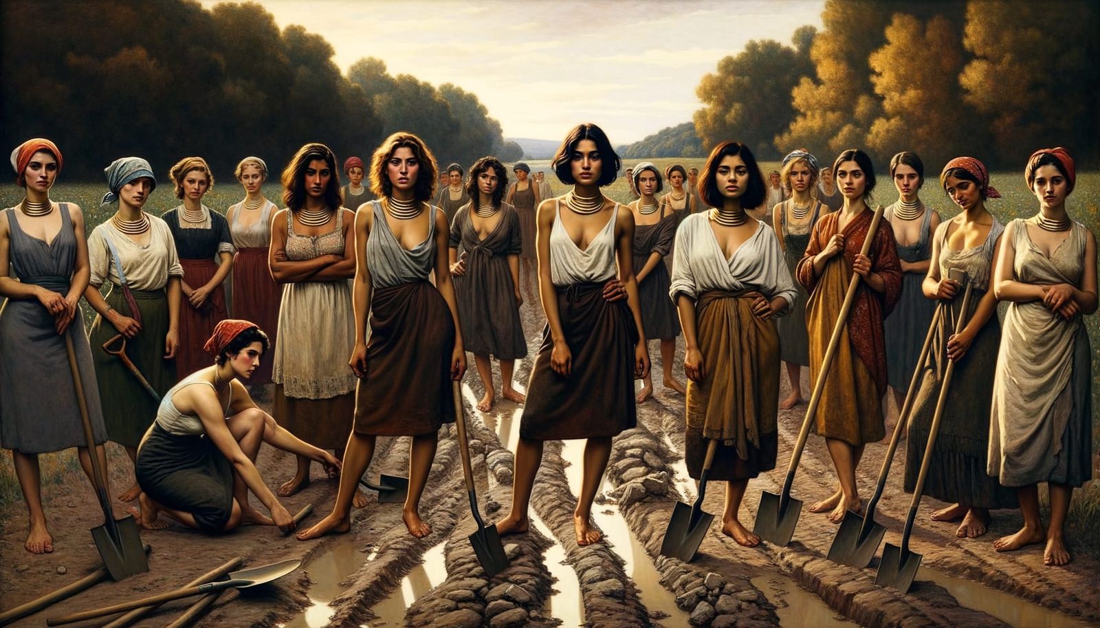 Young Women Repairing Road in Post-Impressionist Style