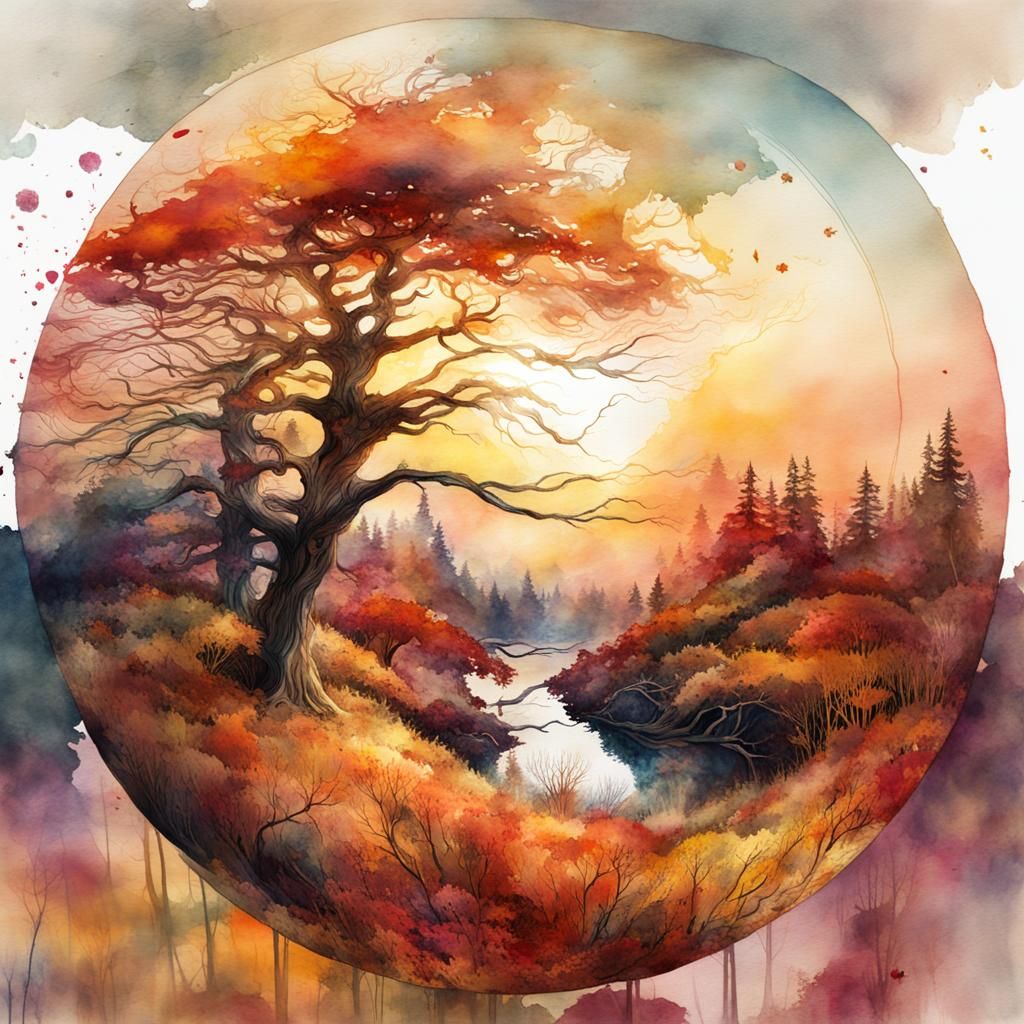 Autumn Sunset: Double Exposure Digital Watercolor