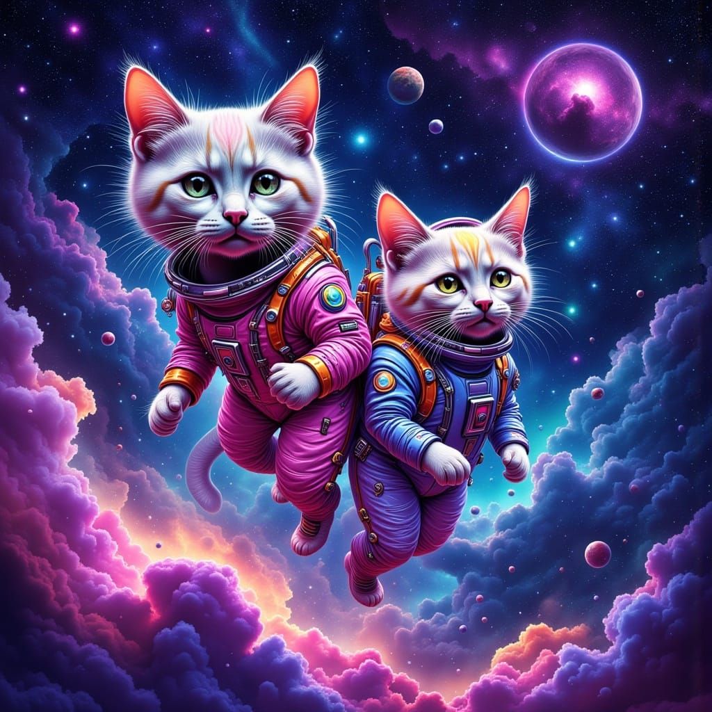 Whimsical Feline Space Odyssey in Iridescent Hues