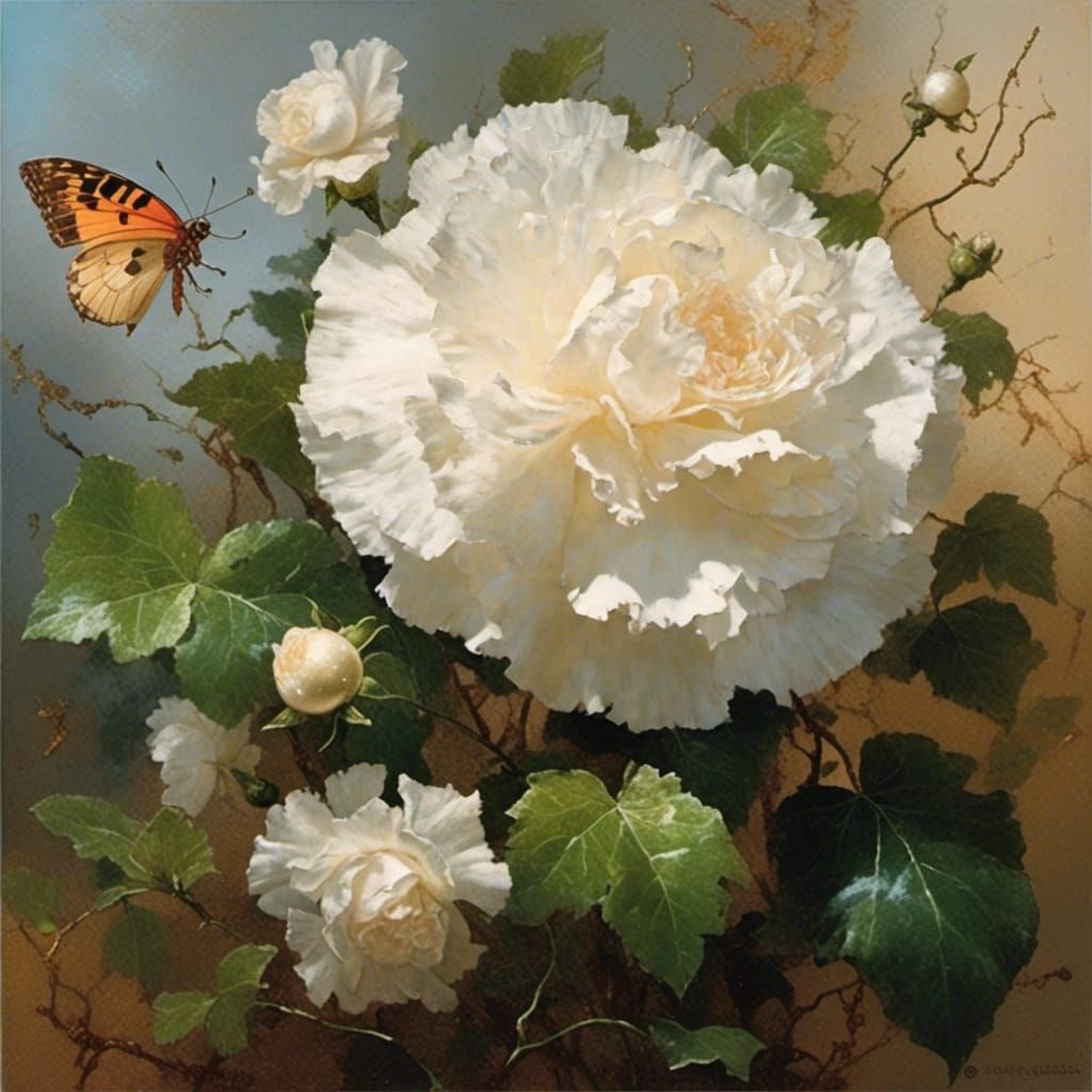 Gorgeous White Carnation in Old Oil Painting Style