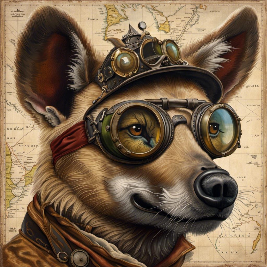 Steampunk Hyena in Antique Oil Painting Style