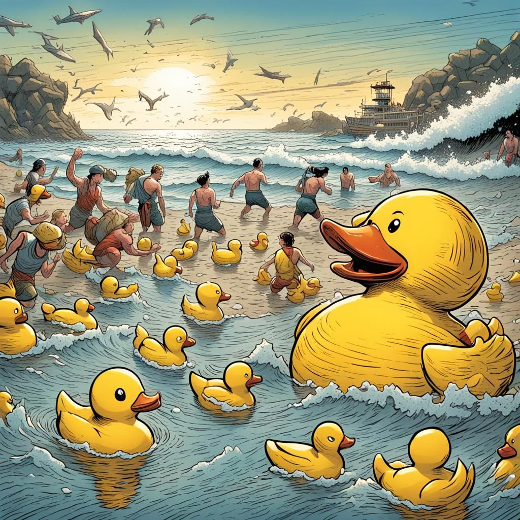 Giant Rubber Duck Attack in Comic Book Style