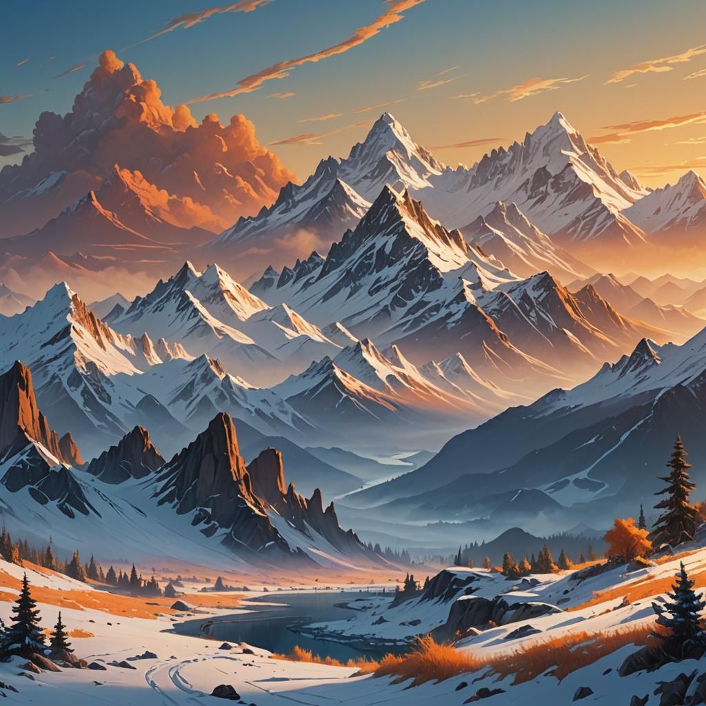 Mystical Snow Mountains at Sunrise: Fantasy Landscape