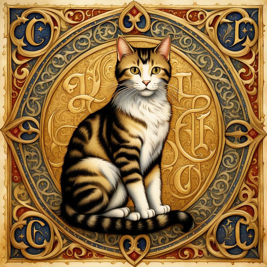 Cat on Illuminated Letter in Medieval Manuscript