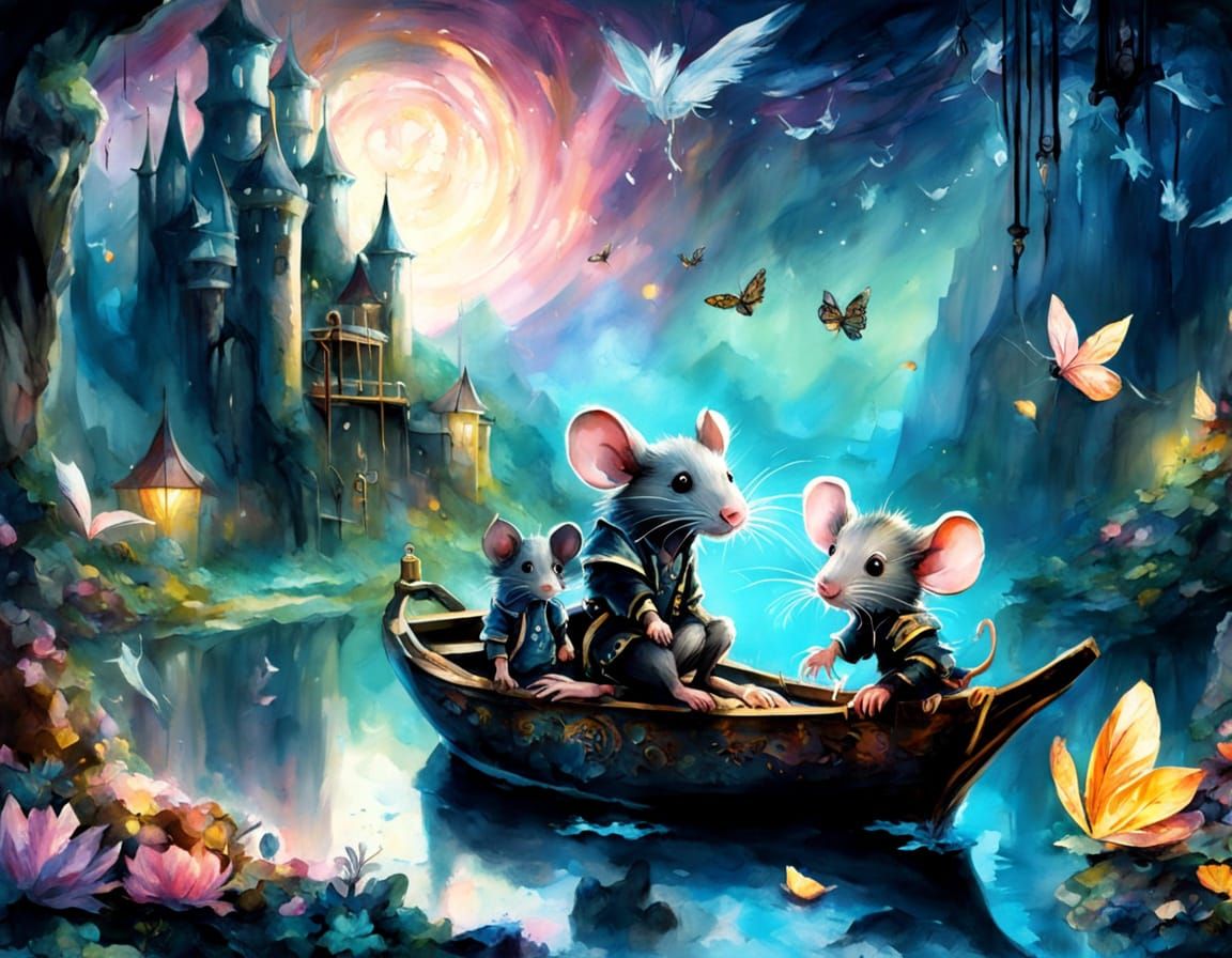 Pirate Rats Sail in Eerie Cave, as Watercolour Illustration