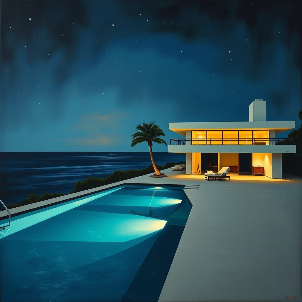 Oceanfront Mid-Century Modern Art House at Night