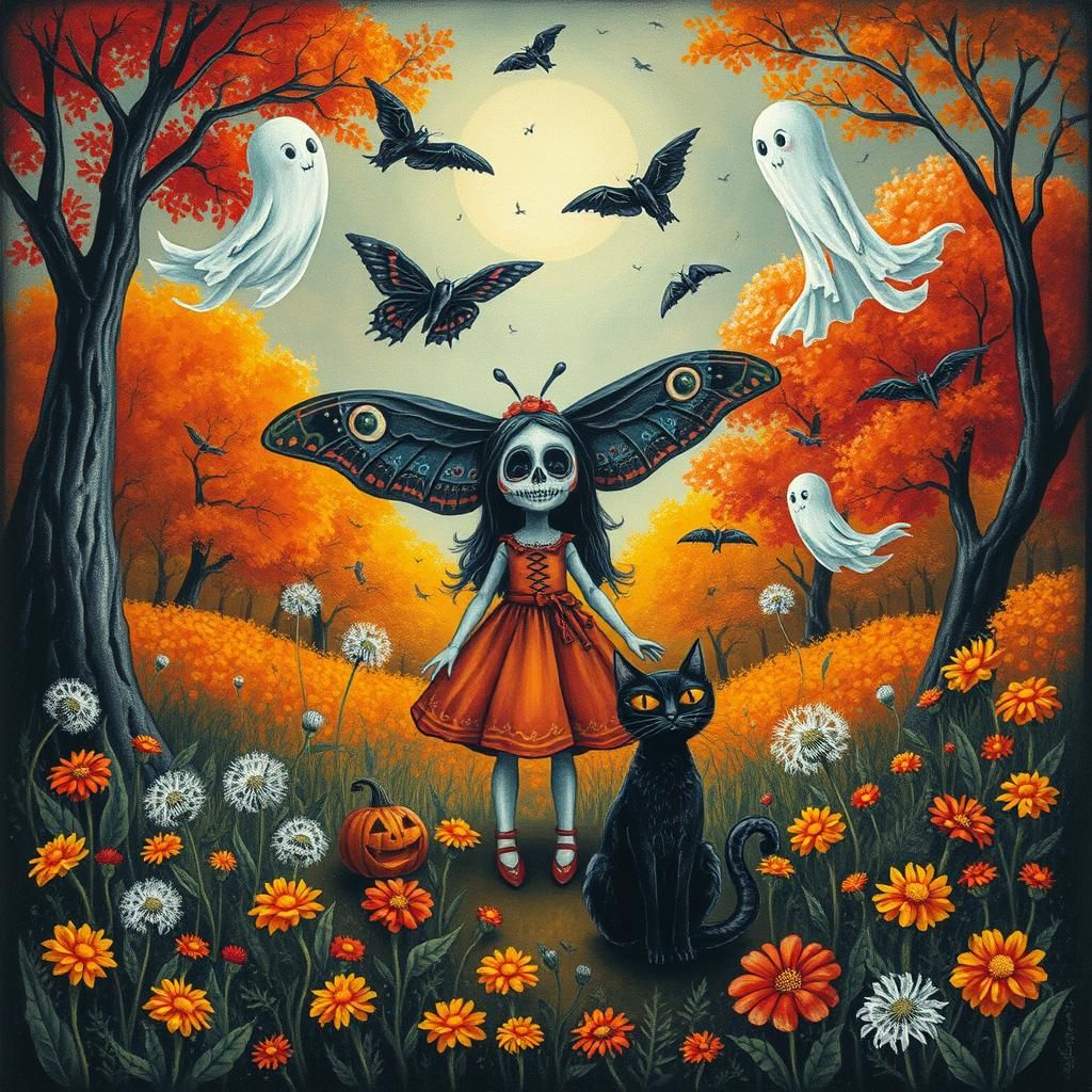 Surreal Halloween Scene with Sugar Skull Moth