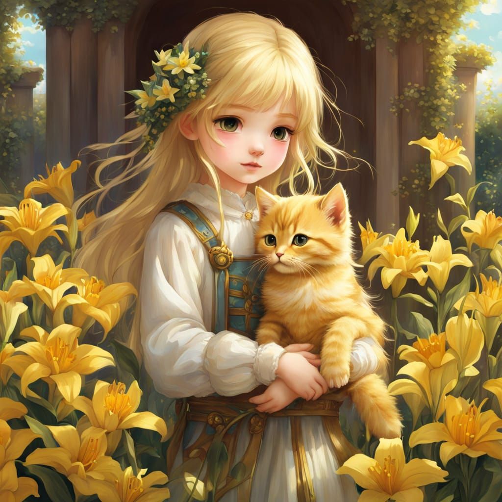 Chibi Girl and Kitten Amidst Vibrant Lilies in a Sunny Garde...