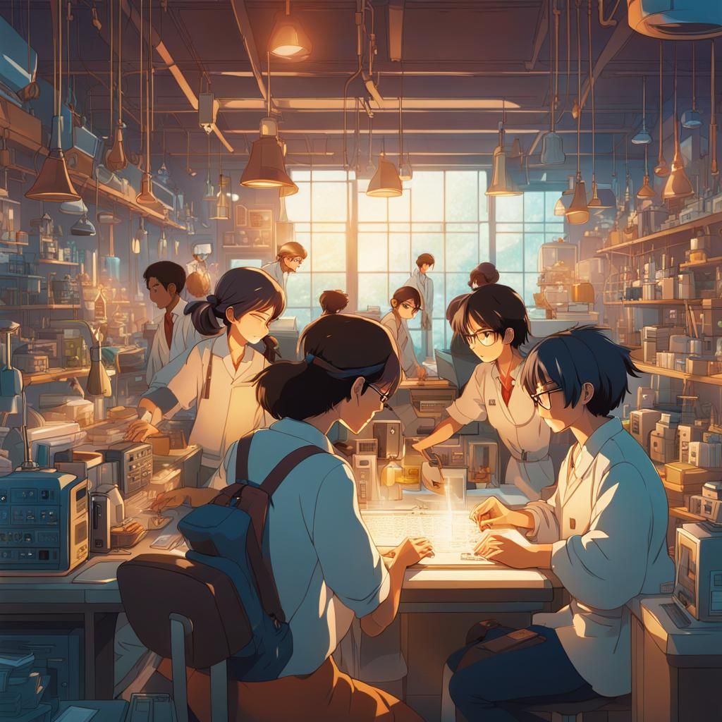 Diverse Entrepreneurs Collaborate in Lab, Anime Style