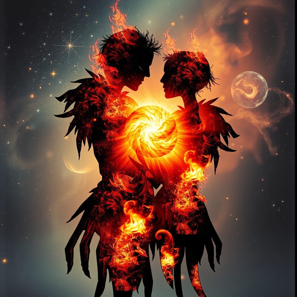 Cosmic Scarecrows Ablaze: Watercolor and Ink Art