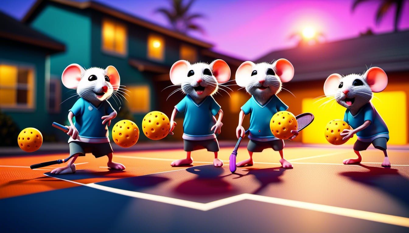 Mice Play Pickleball: 3D Rendered Urban Scene