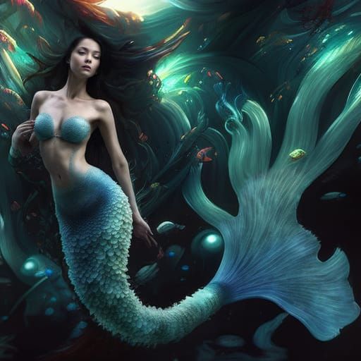 Fractal Fish Mermaid in Deep Sea, Digital Art