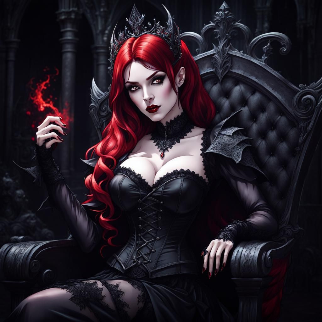 Redhead Vampire Queen on Gothic Throne