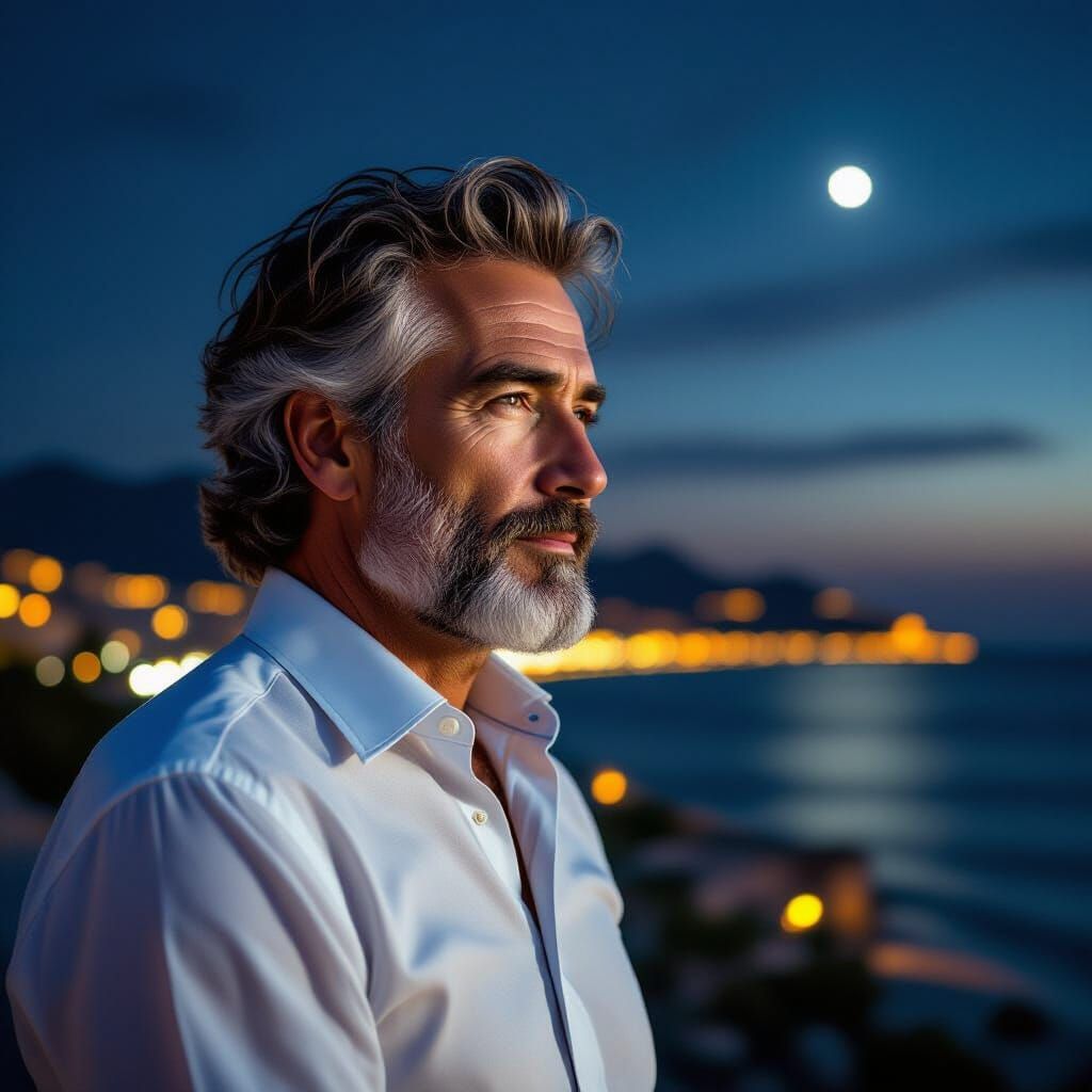 Elegant Portrait of a Man Overlooking Night Coast