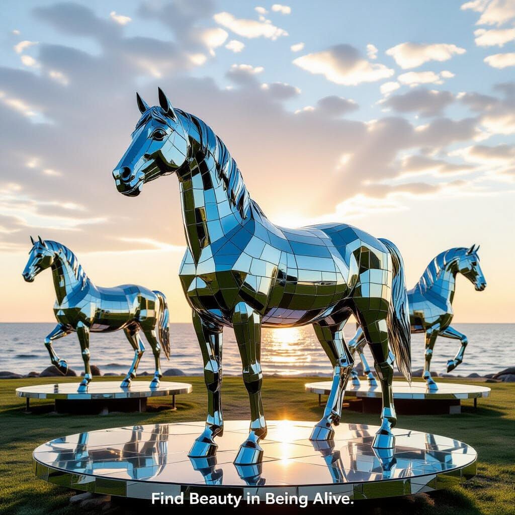 Mirrored Horse at Dawn Reflecting Peaceful Sky