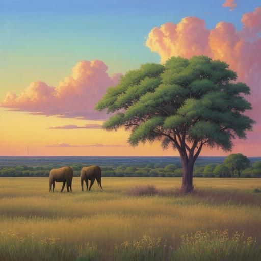 African Savannah Sunset with Wildlife, Digital Art