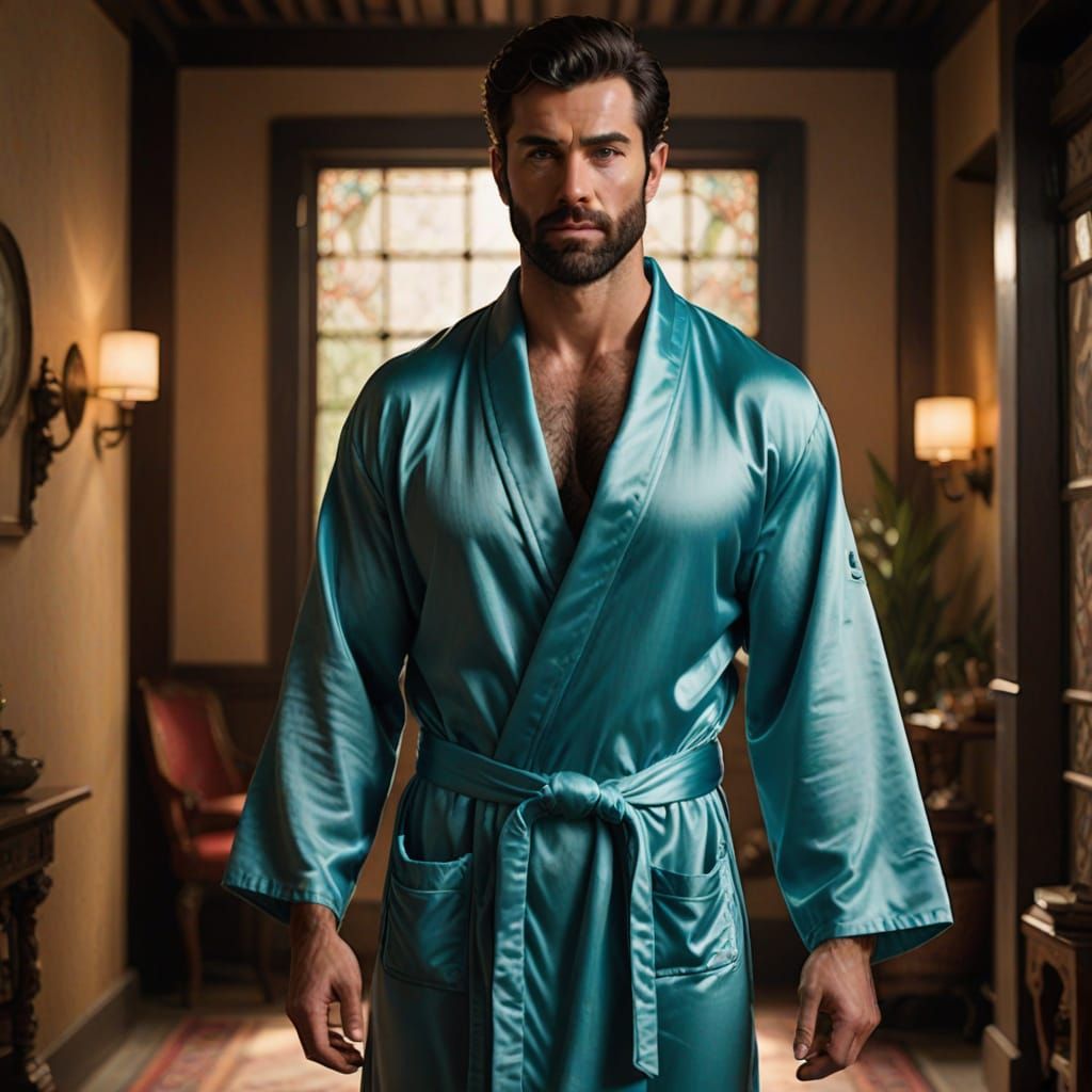 Handsome Hairy Hero in Serene Bathrobe Portrait
