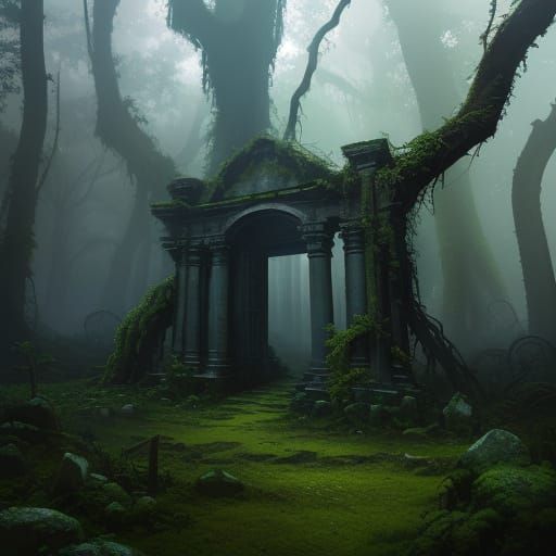 Mystical Ruins in Overgrown Forest Concept Art