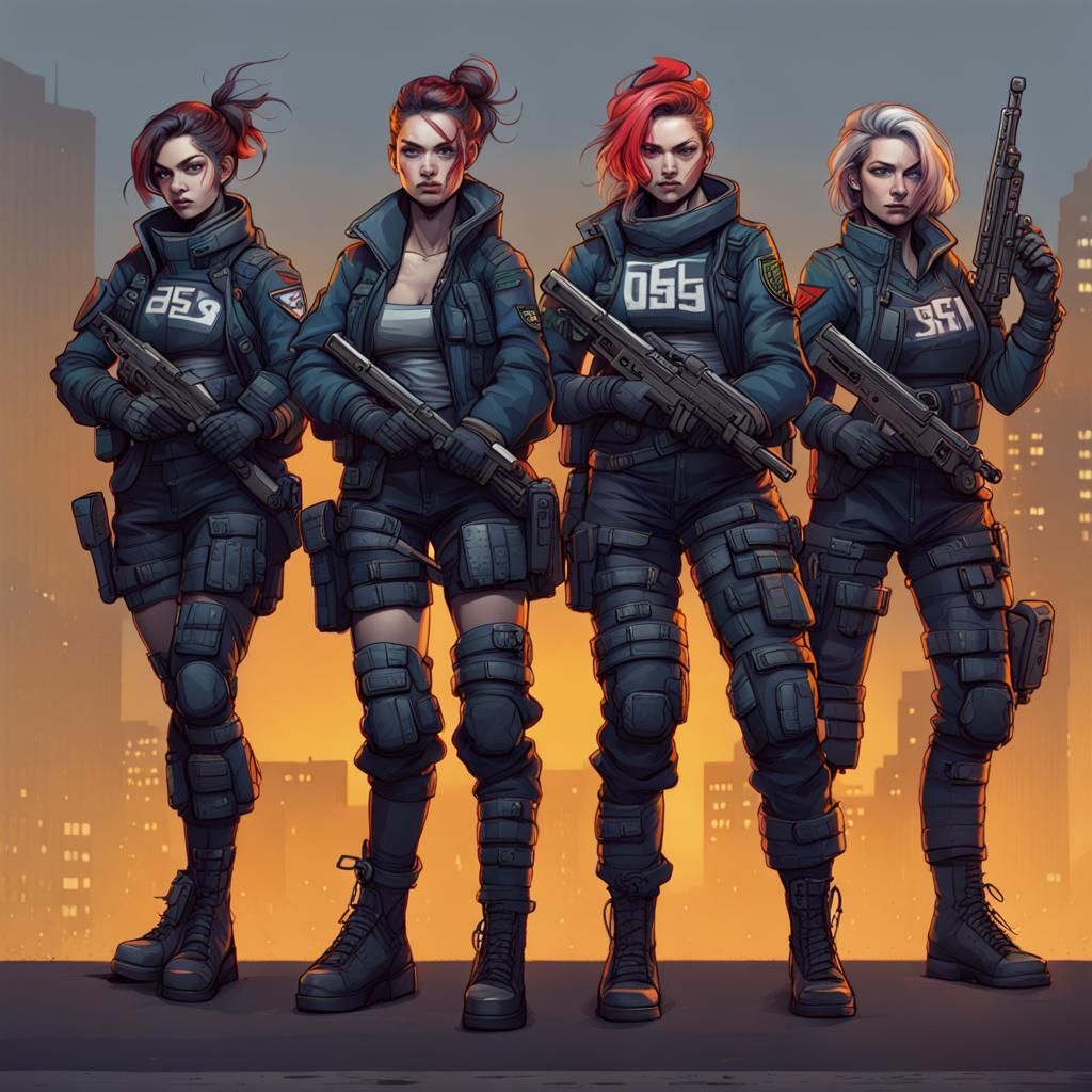 Cyberpunk Squad of Scottish Female Soldiers