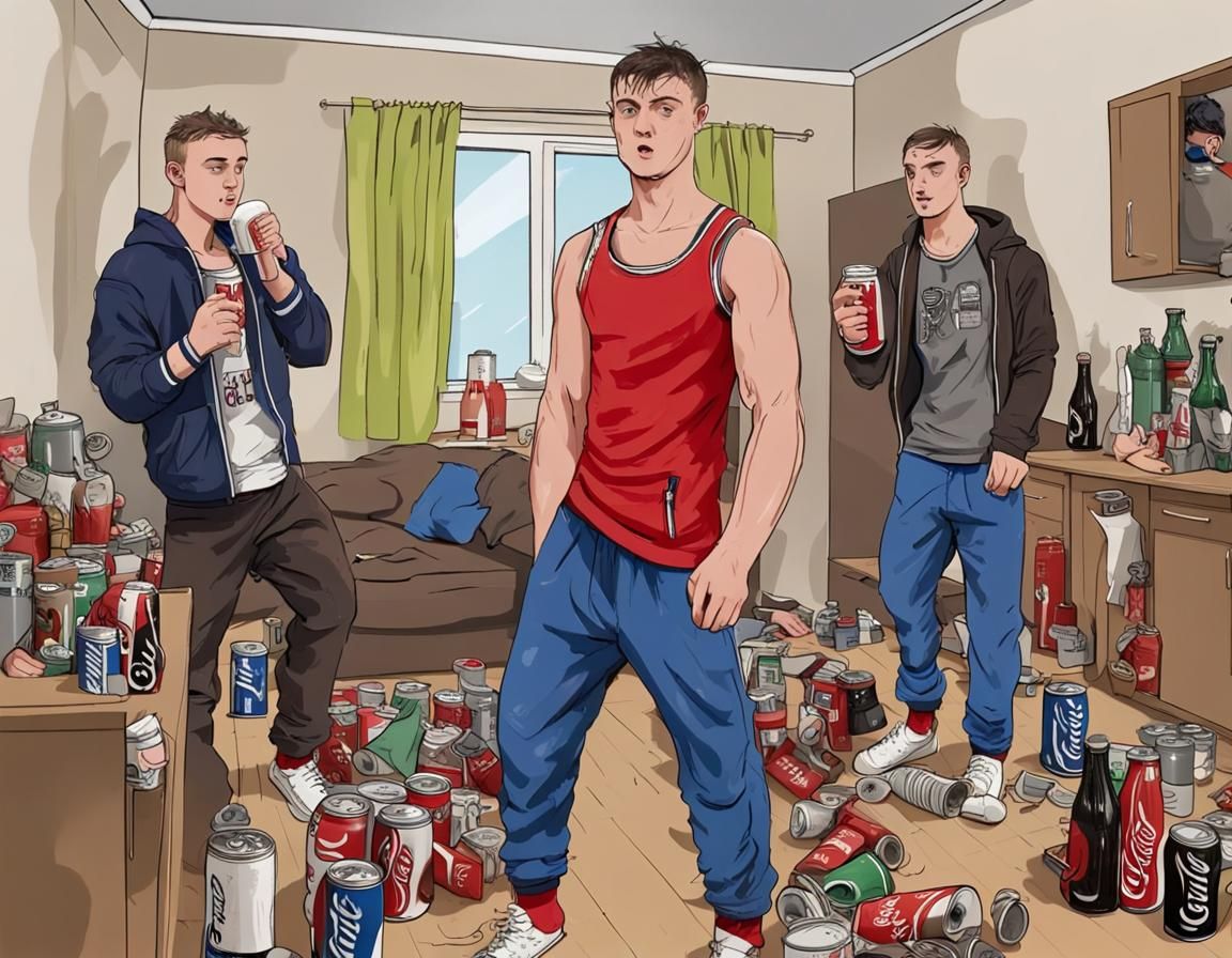comic-art of a party of scally lads