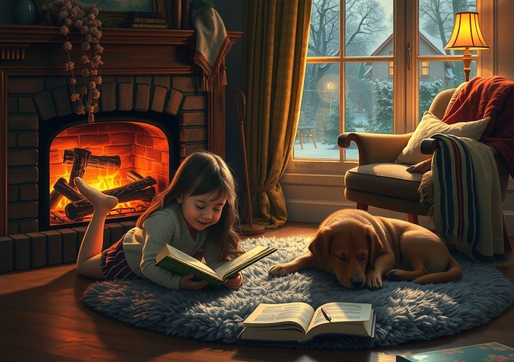 Cozy Fireplace Scene in Klimt-Signac Style